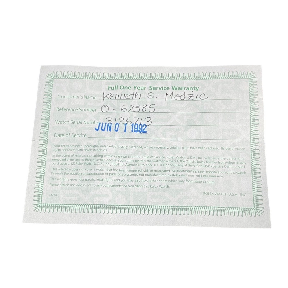 Vintage 1992 Rolex Service Warranty Paper Reference O-62585 Serial 3126713